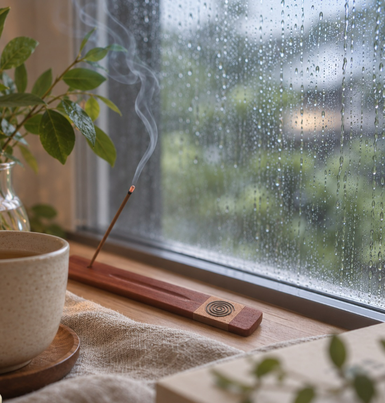 Incense stick burning on wooden holder by a rainy window with tea cup and plants